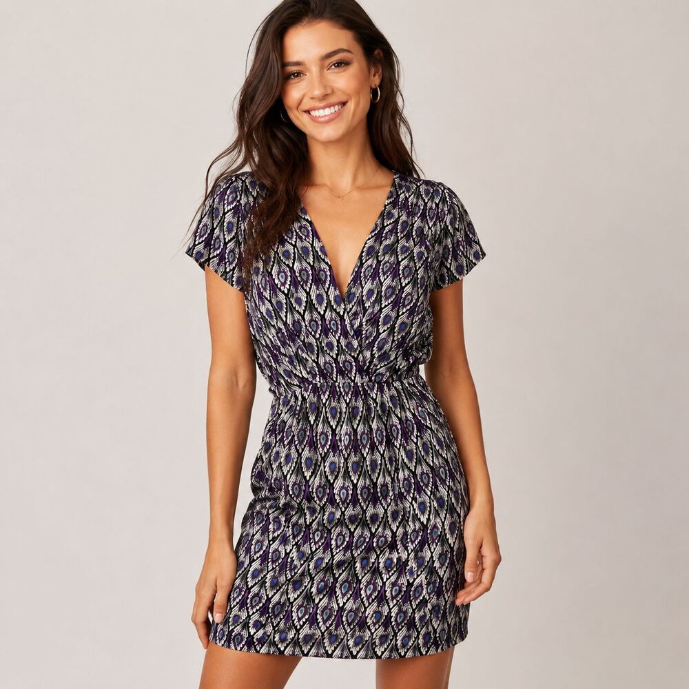 Amanda Uprichard Silk Peacock Feather Print Dress XS Purple Blue Faux Wrap Mini